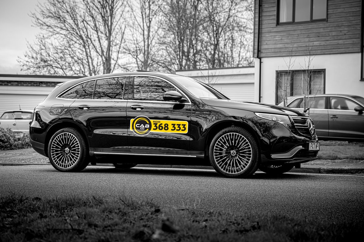 Black CabCo Ashford taxi with yellow 01233 368333 livery